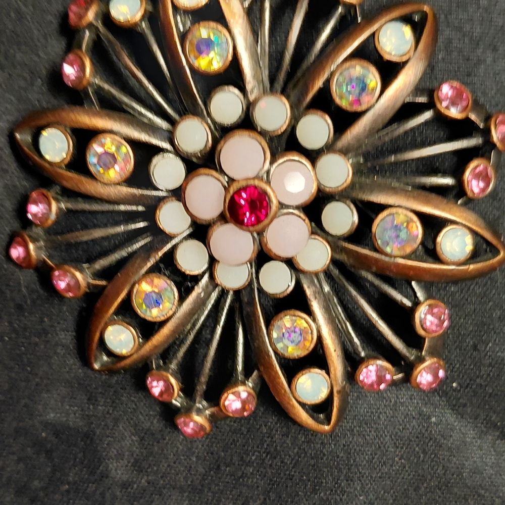 Vintage-Inspired Floral Brooch with Pink and Opalescent Stones